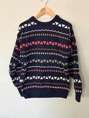 Jantzen Navy Crewneck Sweater SZ L / XL in Navy, Coral, Olive, and Cream Pattern